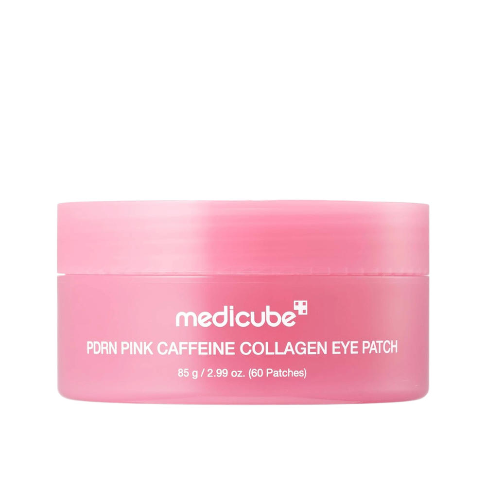 5. Medicube PDRN Pink Caffeine Collagen Eye Patch 60 kosov – roza posodica z vlažilnimi hidrogelnimi obliži za področje pod očmi na belem ozadju