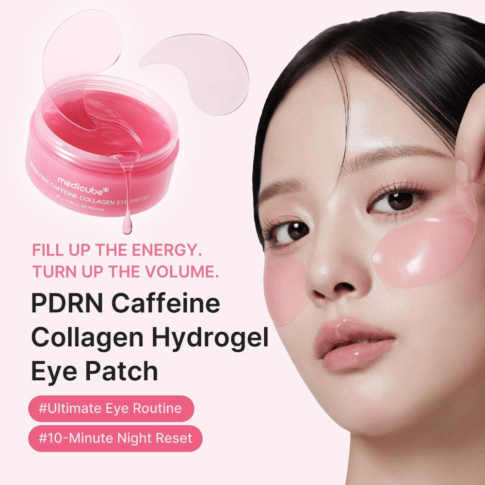 4. Medicube PDRN Pink Caffeine Collagen Eye Patch – vlažilne roza hidrogelne maske za oči, ki koži dajejo sijaj