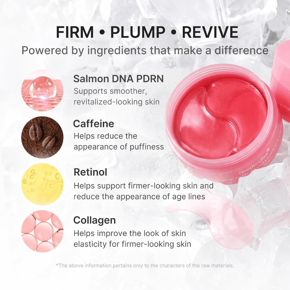 3. Medicube PDRN Pink Caffeine Collagen Eye Patch – z PDRN, kofeinom, retinolom in kolagenom za bolj čvrsto kožo in manj zabuhlosti