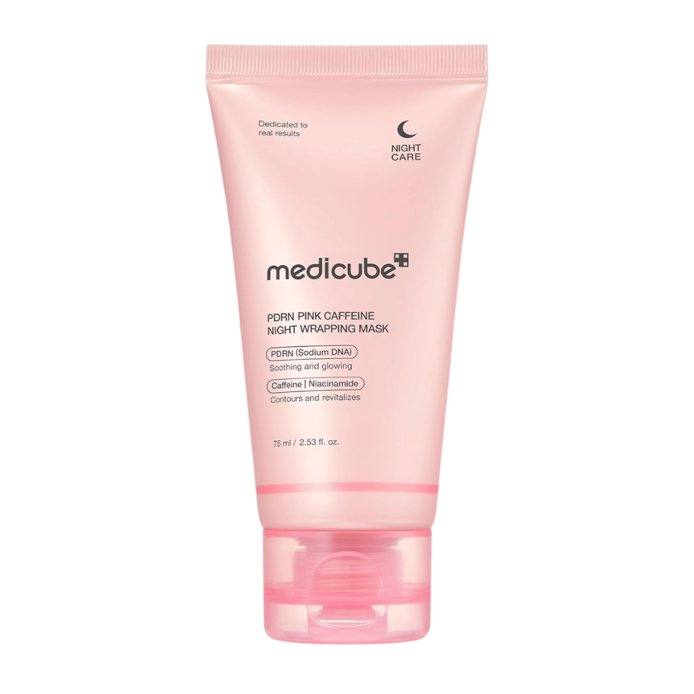 Medicube PDRN Pink Caffeine Night Wrapping Mask 75 ml – korejska nočna maska z PDRN, kofeinom in niacinamidom za sijaj in vlaženje.