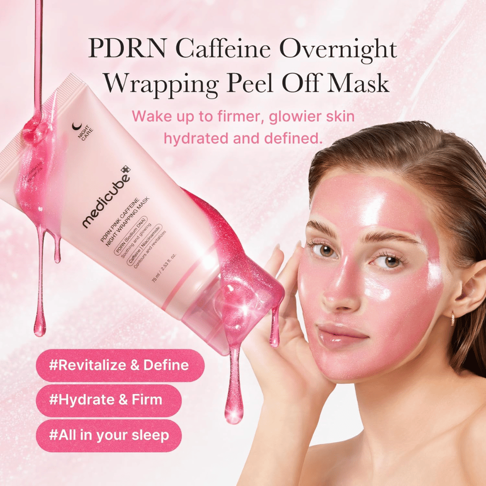 Medicube PDRN Pink Caffeine Night Wrapping Mask – rožnata peel off nočna maska z PDRN in kofeinom za vlaženje, sijaj in bolj čvrst občutek.