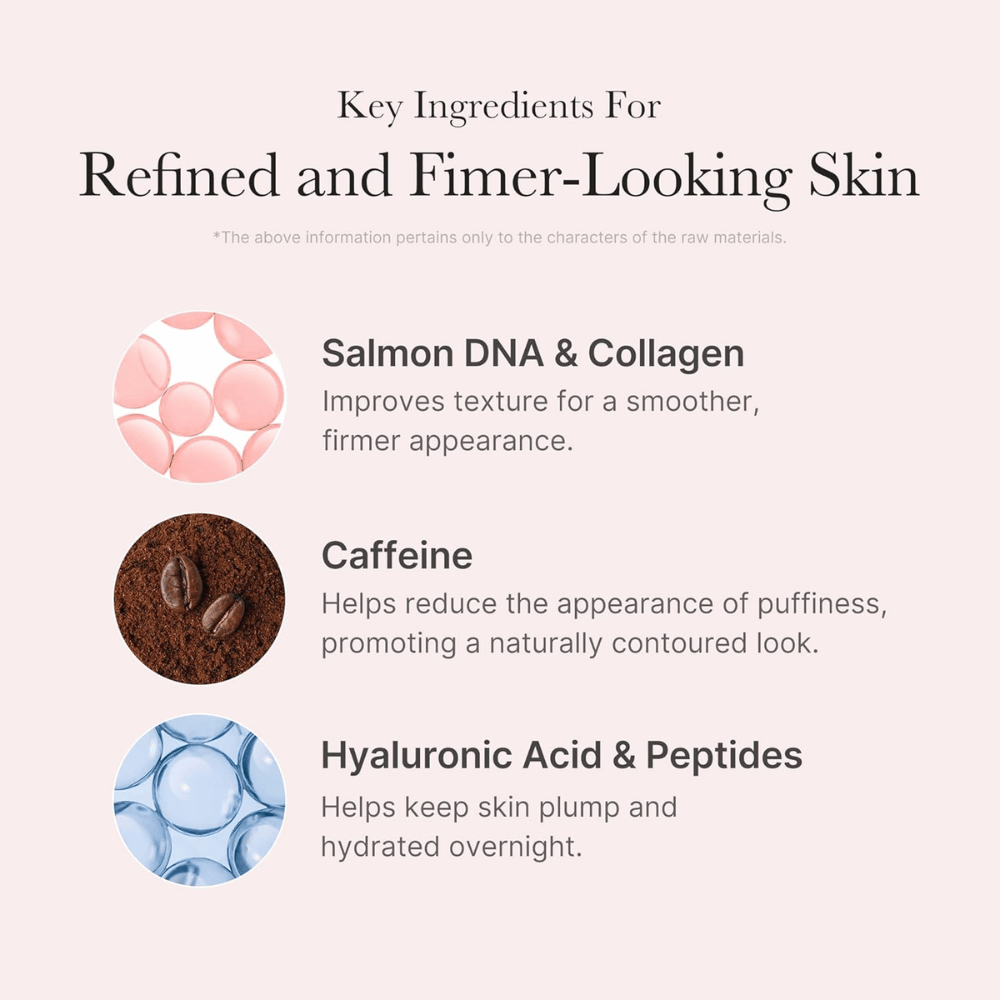 Medicube PDRN Pink Caffeine Night Wrapping Mask z PDRN, kolagenom, kofeinom, hialuronsko kislino in peptidi za navlaženo in bolj čvrsto kožo.
