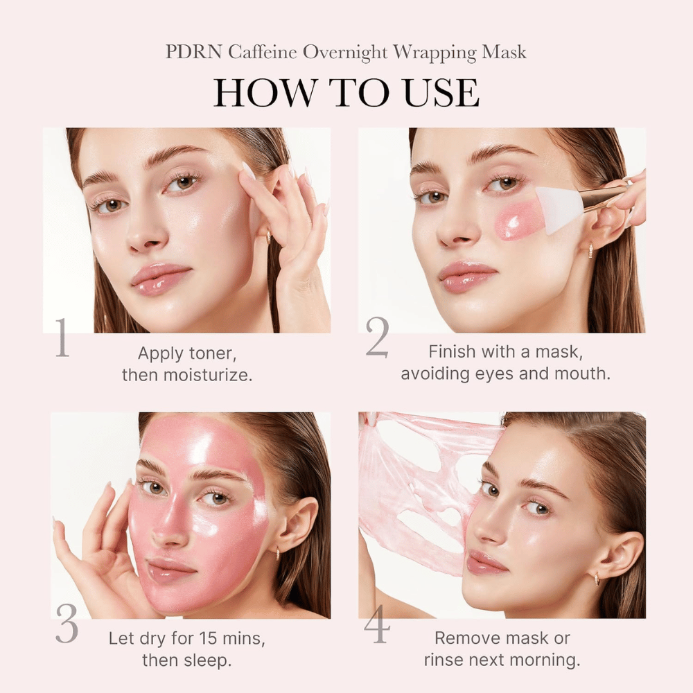 Kako uporabljati Medicube PDRN Pink Caffeine Night Wrapping Mask – nanesite zvečer, pustite, da se posuši, in masko odstranite zjutraj.