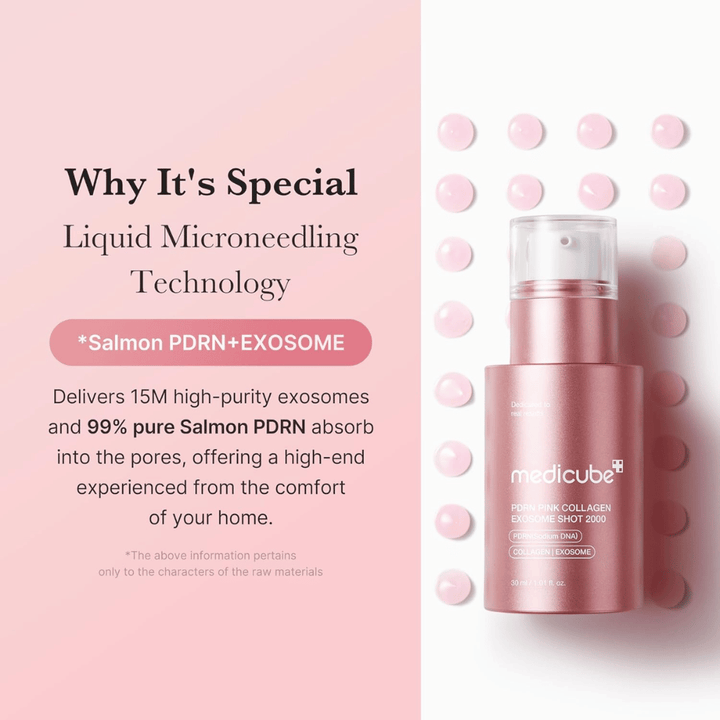 Medicube PDRN Pink Collagen Exosome Shot 2000 v rožnati steklenički. Slika izpostavlja tehnologijo tekočega mikroneedlinga z eksosomi in PDRN iz lososa za podporo sijaju kože, elastičnosti in absorpciji.