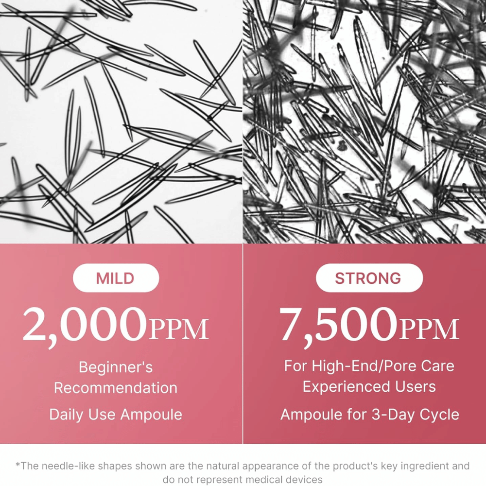 Primerjava dveh koncentracij Medicube PDRN Pink Collagen Exosome Shot. Slika prikazuje 2.000 ppm za vsakodnevno uporabo in začetnike ter 7.500 ppm za izkušene uporabnike s poudarkom na negi por in intenzivni negi kože.