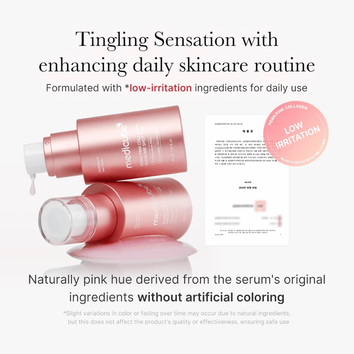 Medicube PDRN Pink Collagen Exosome Shot 7500 predstavljen s poudarkom na nizkem draženju. Serum ima naravno rožnat odtenek zaradi sestavin in je razvit za zagotavljanje rahlo zbadajočega občutka, ki podpira rutino nege kože.