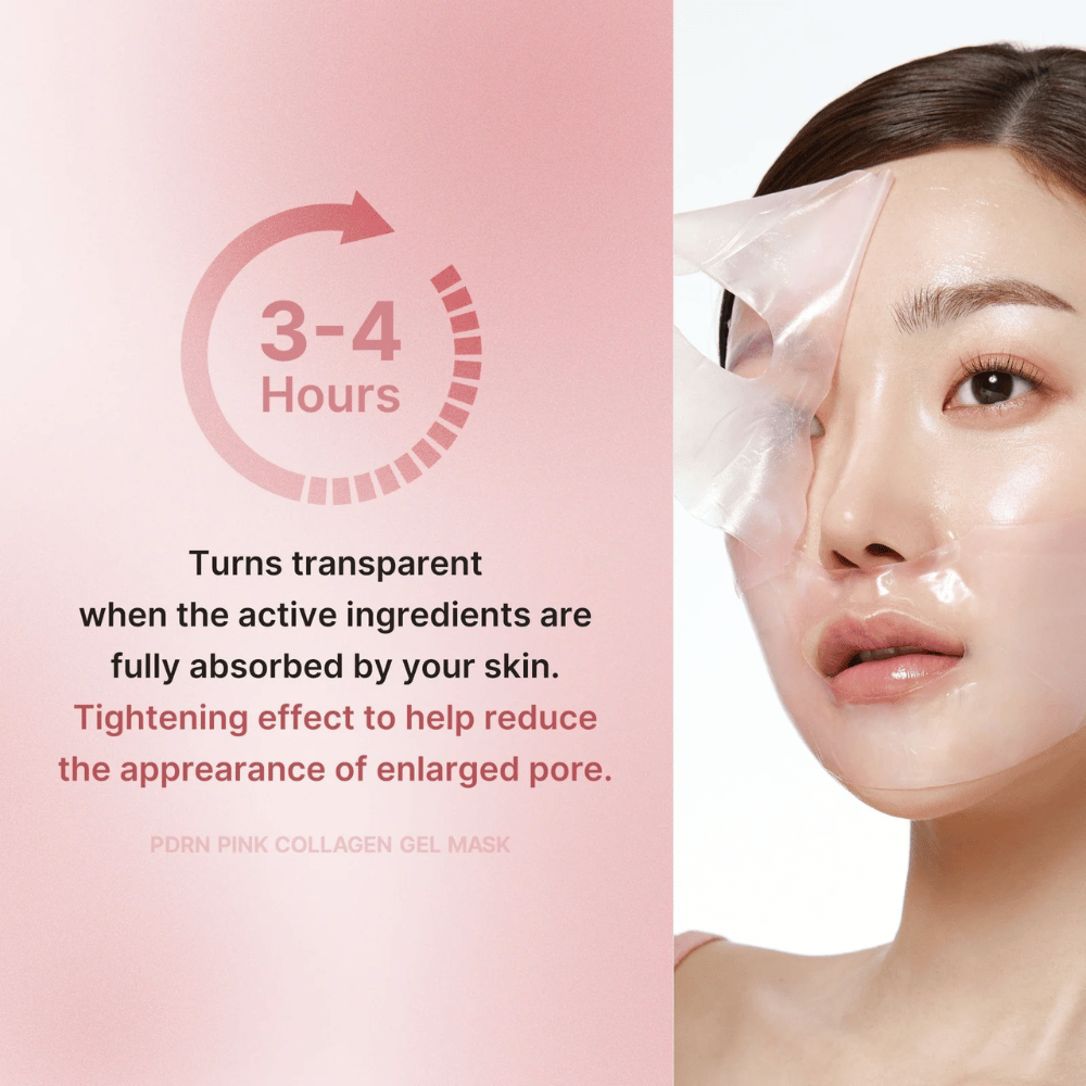 Medicube PDRN Pink Collagen Gel Mask z navodilom, da nosite masko 3-4 ure, dokler ne postane prozorna. Maska absorbira aktivne sestavine in napne kožo, da zmanjša vidne pore.