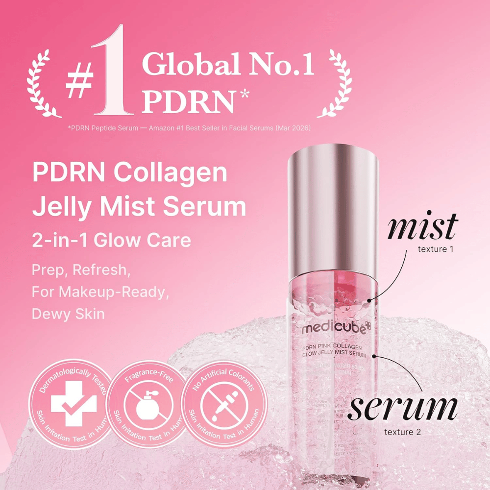 5. Medicube PDRN Pink Collagen Glow Jelly Mist Serum 60 ml – dva-v-enem meglica za obraz in serum za navlaženo kožo s sijajem