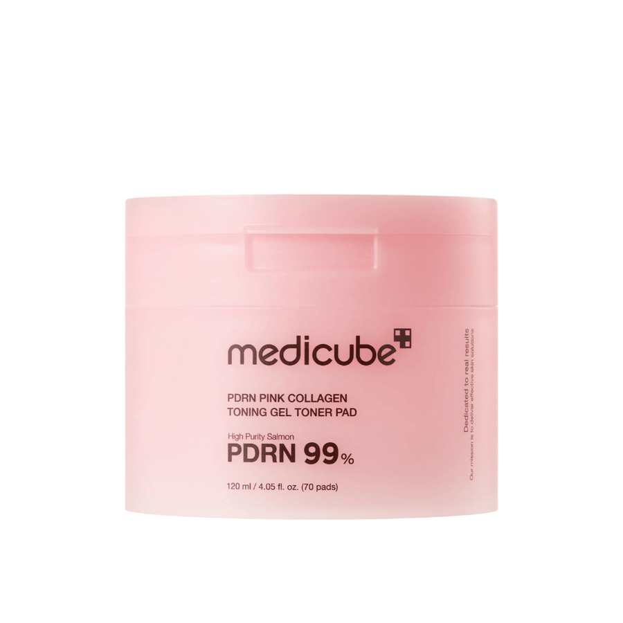 Medicube PDRN Pink Collagen Toning Gel Toner Pad v roza posodi z besedilom, ki prikazuje 99 % vsebnost PDRN in 120 ml, zasnovan za izboljšanje čvrstosti in sijaja kože.