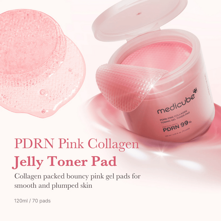 Odprta posoda z Medicube PDRN Pink Collagen Jelly Toner Pads, z dvignjeno roza gel blazinico in besedilom, ki opisuje vsebnost kolagena za gladko in navlaženo kožo.