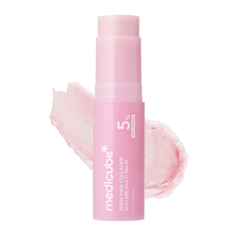 1. Medicube PDRN Pink Collagen Volume Multi Balm 10 g – rožnat balzam v stiku z PDRN in kolagenom ter kremasto teksturo na belem ozadju