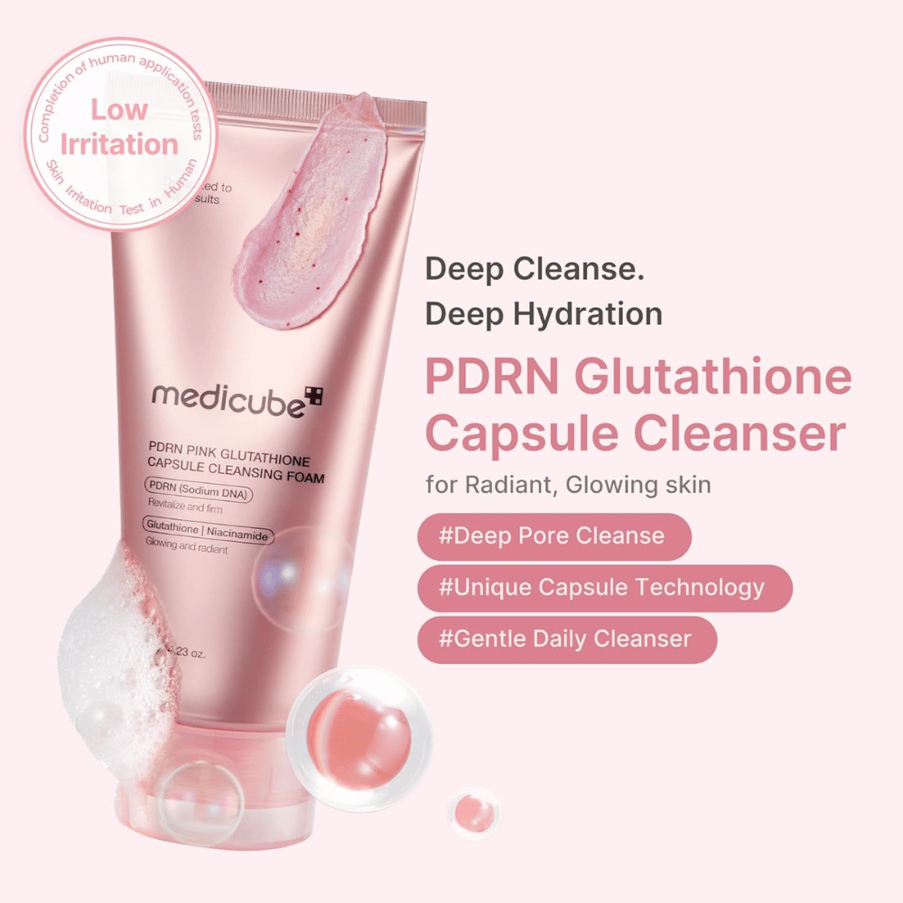 Medicube PDRN Pink Glutathione Capsule Cleansing Foam z nizkim draženjem za vsakodnevno čiščenje in bolj čisto kožo z naravnim sijajem