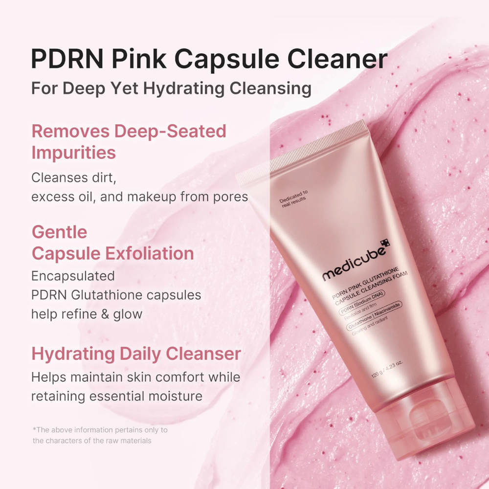 Medicube PDRN Pink Glutathione Capsule Cleansing Foam ki odstrani nečistoče, sebum in ličila, hkrati pa kožo navlaži