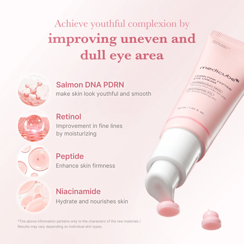 Medicube PDRN Pink Peptide Eye Cream z odprto črpalko in roza kremo. Vsebuje PDRN iz lososa, retinol, peptide in niacinamid za glajenje, vlaženje in
