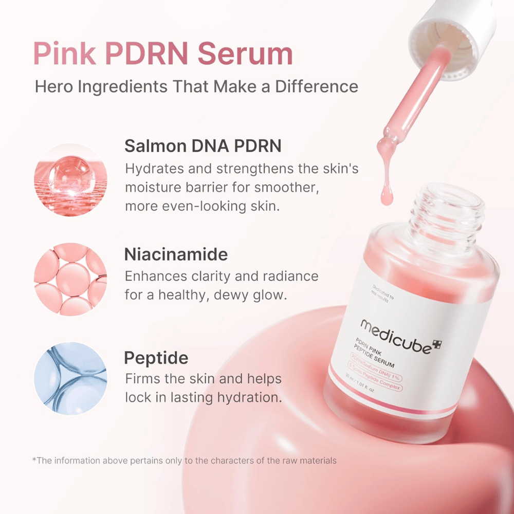 Medicube PDRN Pink Peptide Serum z PDRN, niacinamidom in peptidi. Odprta steklenička seruma s pipeto in rožnatimi kapljicami seruma.