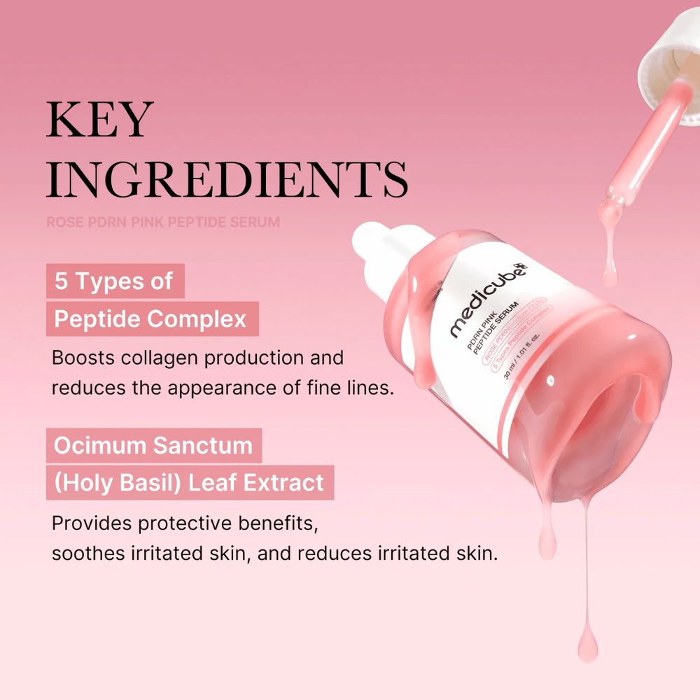 Medicube Rose PDRN Pink Peptide Serum – Hranilni serum za čvrstejšo in pomirjeno kožo.

💖 5 vrst peptidnih kompleksov – Spodbuja proizvodnjo kolagena in zmanjšuje drobne linije.
🌿 Ocimum Sanctum (Sveta bazilika) izvleček – Ščiti, pomirja in zmanjšuje draženje.

Popolno za enakomernejšo, navlaženo in sijočo kožo!