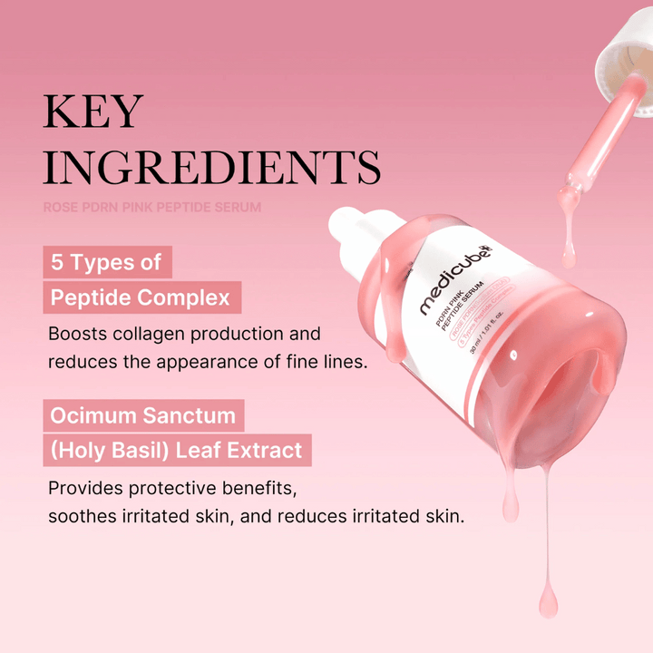 Medicube Rose PDRN Pink Peptide Serum – Hranilni serum za čvrstejšo in pomirjeno kožo.

💖 5 vrst peptidnih kompleksov – Spodbuja proizvodnjo kolagena in zmanjšuje drobne linije.
🌿 Ocimum Sanctum (Sveta bazilika) izvleček – Ščiti, pomirja in zmanjšuje draženje.

Popolno za enakomernejšo, navlaženo in sijočo kožo!