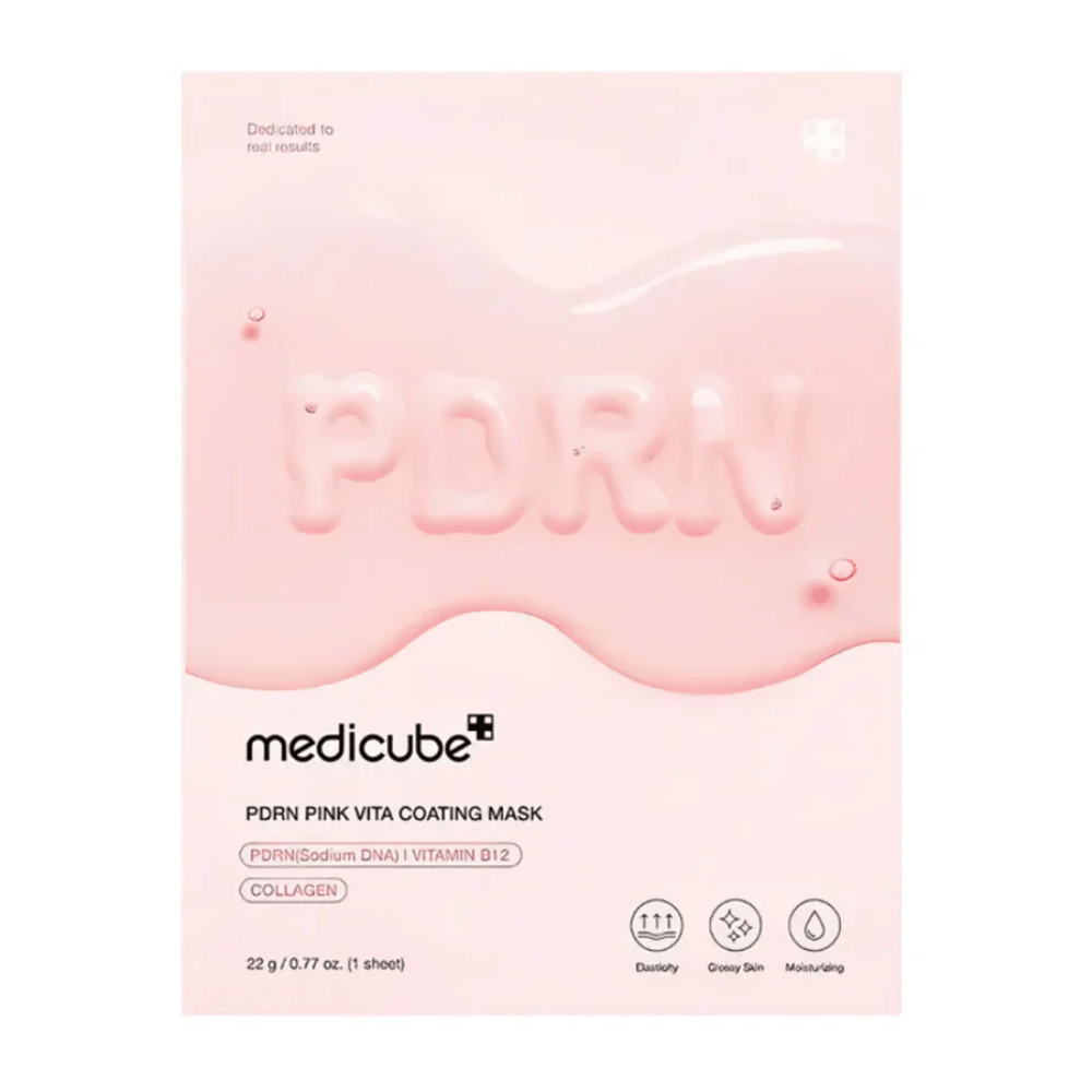  Enostavna slika izdelka Medicube PDRN Pink Vita Coating Mask v roza embalaži.