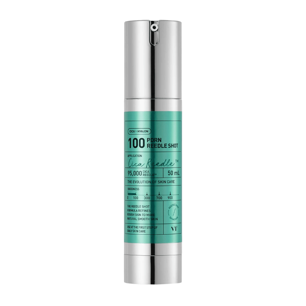 VT Cosmetics PDRN Reedle Shot 100 steklenička z minimalističnim dizajnom in aktivno formulo za izboljšanje teksture kože, sijaja in elastičnosti