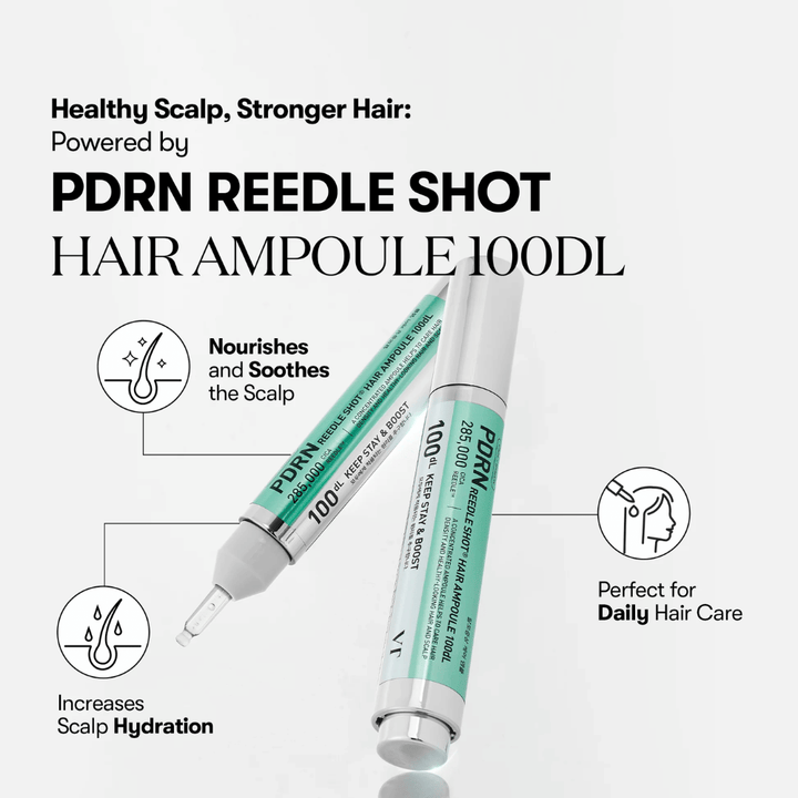 Predstavitev izdelka PDRN Reedle Shot Hair Ampoule 100dL s poudarkom na prednostih, kot so pomirjujoč učinek, povečana hidratacija lasišča in vsakodnevna nega las.