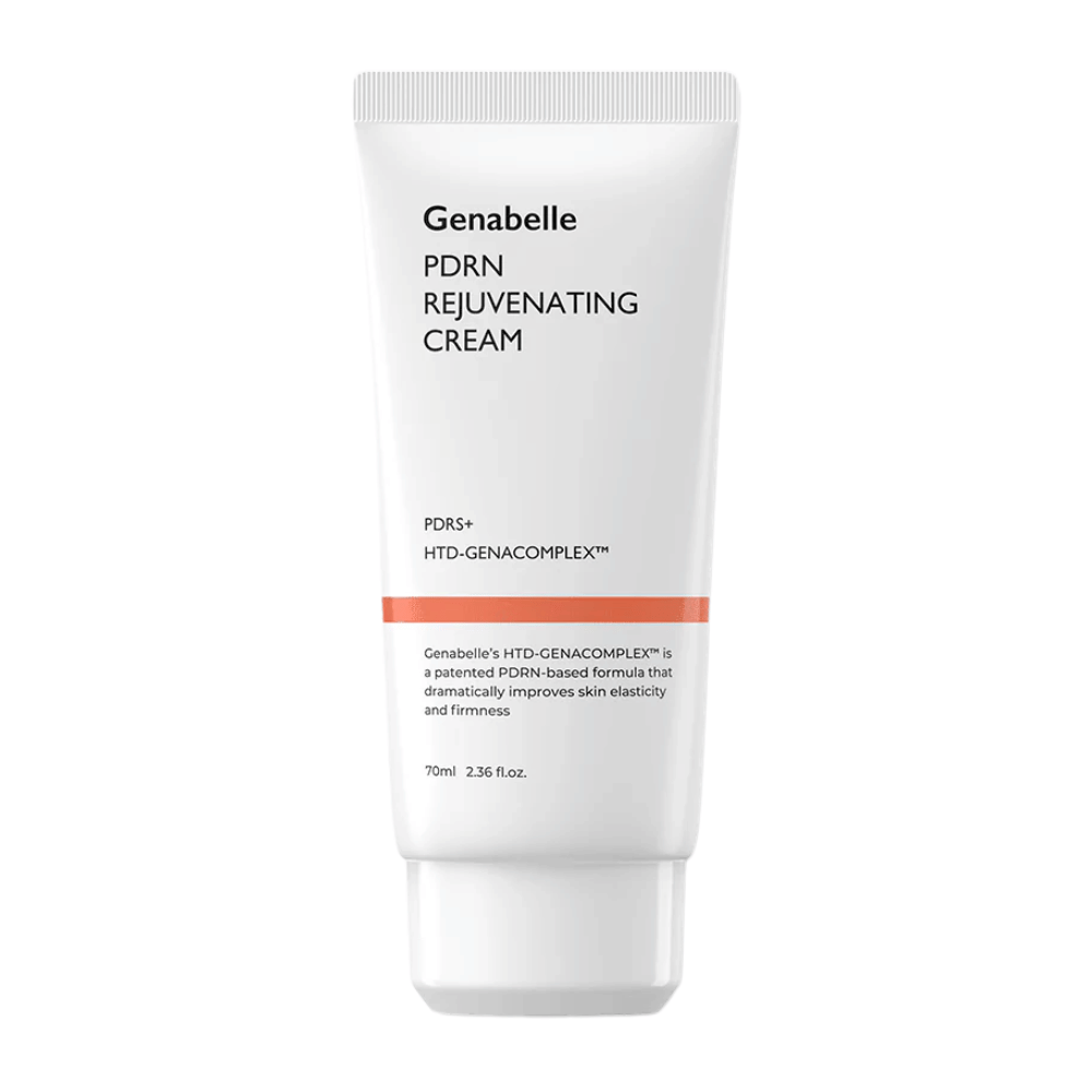 Slika izdelka Genabelle PDRN Rejuvenating Cream v beli tubi na belem ozadju. Vlažilna krema za obraz z PDRN in HTD-GENACOMPLEX™ pomaga izboljšati elastičnost in čvrstost kože.