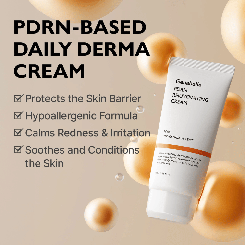 Genabelle PDRN Rejuvenating Cream obdana z zlatimi sferami, ki simbolizirajo tehnologijo PDRN. Slika poudarja lastnosti krepitve kožne bariere, pomirjujoč učinek in hipoalergeno formulo za vsakodnevno uporabo.