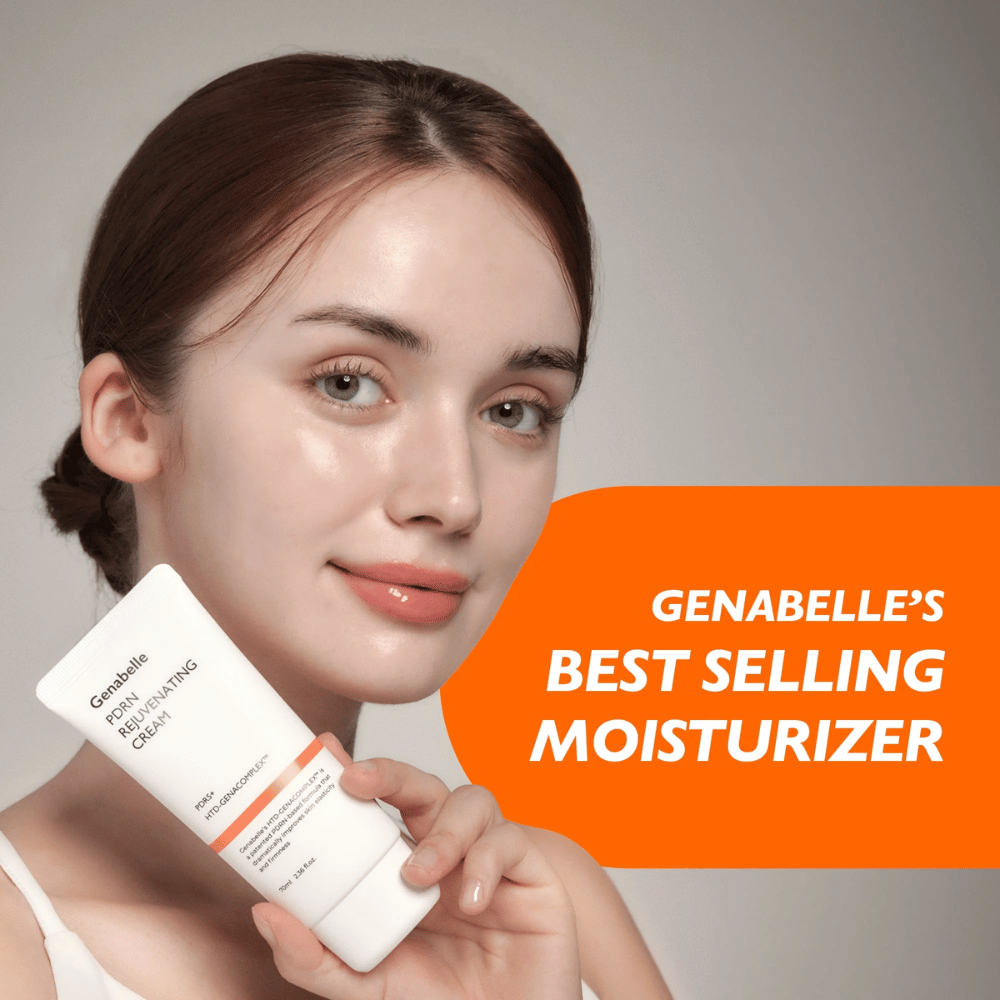 Oseba drži Genabelle PDRN Rejuvenating Cream pred kamero. Slika izpostavlja izdelek kot najbolje prodajano kremo za obraz s poudarkom na vlaženju, obnovi kože ter zdravi, sijoči koži.