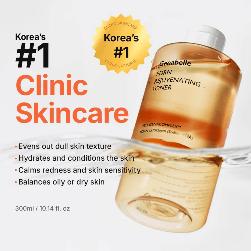 Genabelle PDRN Rejuvenating Toner ki vlaži kožo, izenačuje teksturo kože, pomirja rdečico in pomaga uravnotežiti kožo.