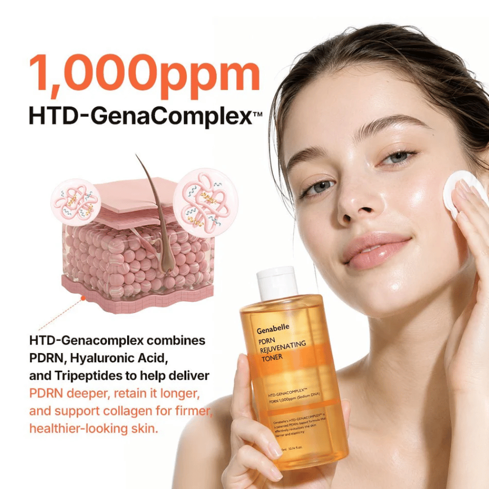 Genabelle PDRN Rejuvenating Toner s HTD-GenaComplex, PDRN, hialuronsko kislino in peptidi, ki vlažijo in izboljšujejo elastičnost kože.