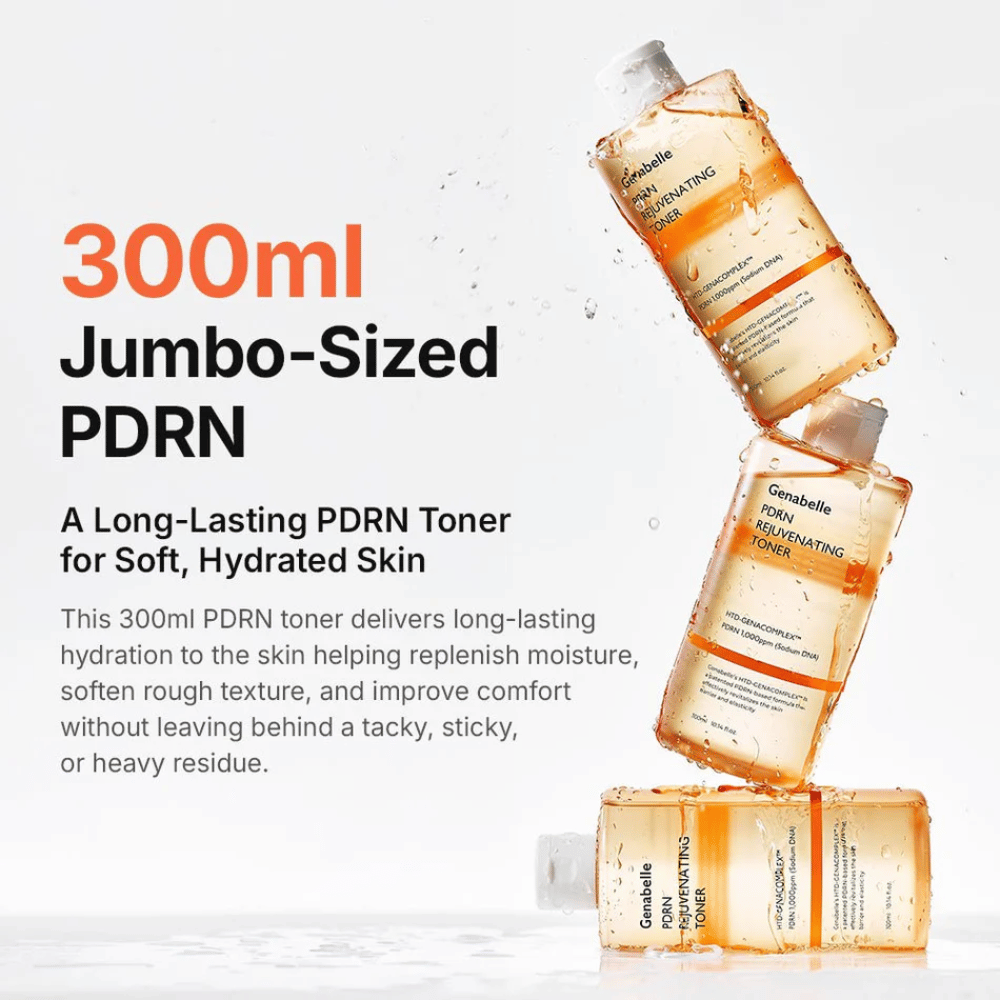 Genabelle PDRN Rejuvenating Toner 300 ml z PDRN, ki zagotavlja dolgotrajno vlaženje, mehkejšo kožo in svež občutek na koži brez lepljivosti.