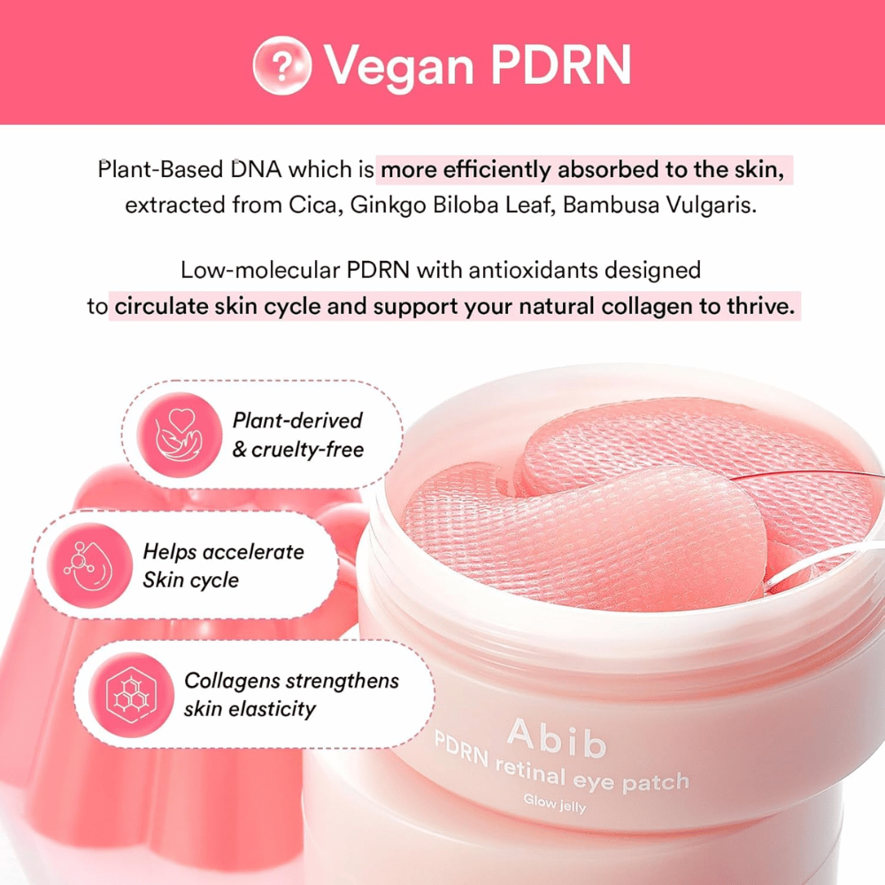 Abib PDRN Retinal Eye Patch Glow Jelly z veganskim PDRN iz rastlinskih izvlečkov, ki krepi elastičnost kože, spodbuja kolagen in izboljšuje strukturo kože.
