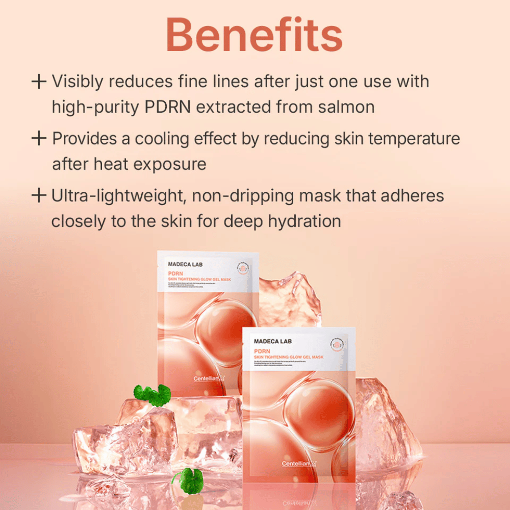 MADECA LAB PDRN Skin Tightening Glow Gel Mask – učvrstitvena gel maska z PDRN iz lososa, ki daje hladilni učinek, intenzivno vlaženje in vidno gladkejšo kožo.