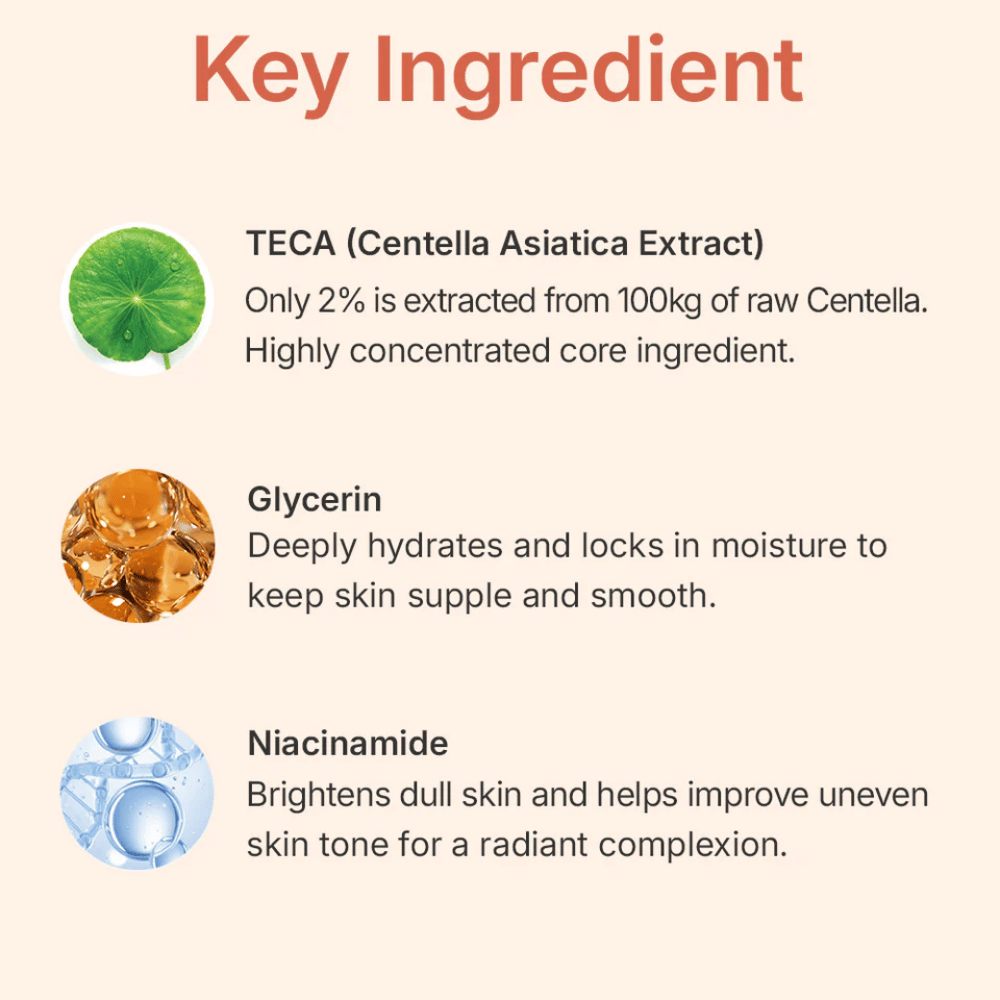 MADECA LAB PDRN Glow Gel Mask ključne sestavine – TECA iz Centella Asiatica, glicerin in niacinamid, ki pomirjajo kožo, globinsko vlažijo in izboljšujejo ten kože.