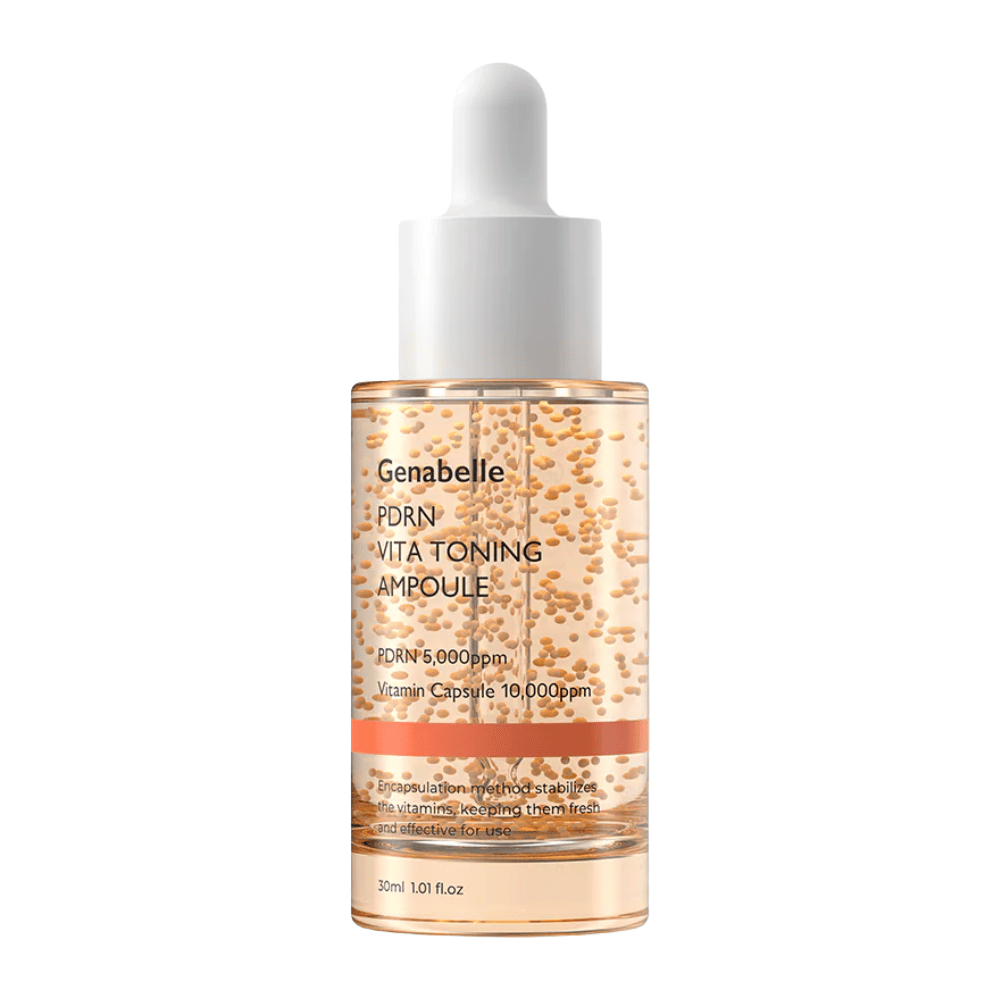 Izrezana produktna slika Genabelle PDRN Vita Toning Ampoule v prozorni steklenički z belim pokrovčkom s pipeto in vidnimi vitaminskimi kapsulami v serumski formuli.