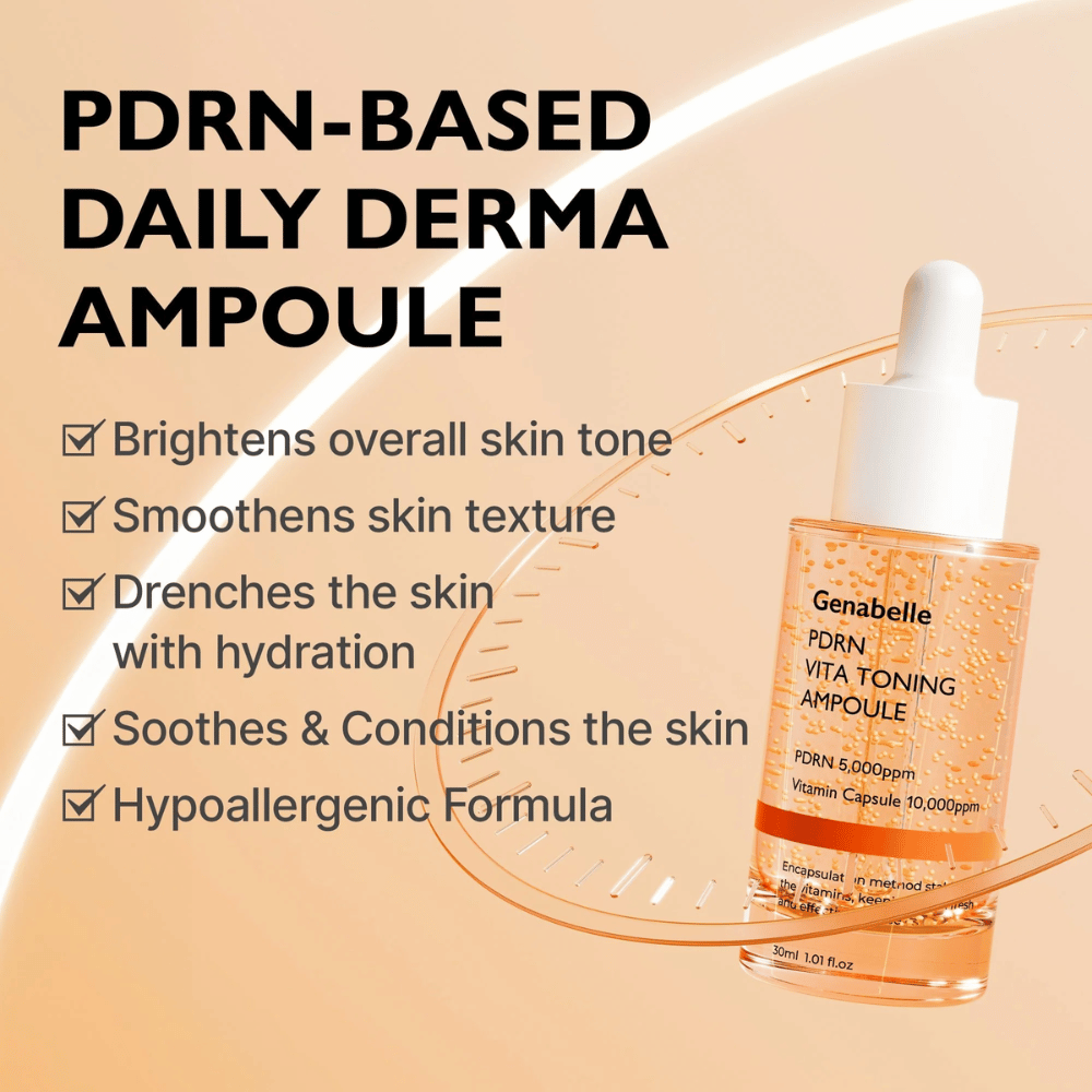 Produktna slika Genabelle PDRN Vita Toning Ampoule z besedilom o vlaženju, bolj enakomernem tenu kože in pomirjujočih lastnostih za občutljivo kožo s hipoalergeno formulo.