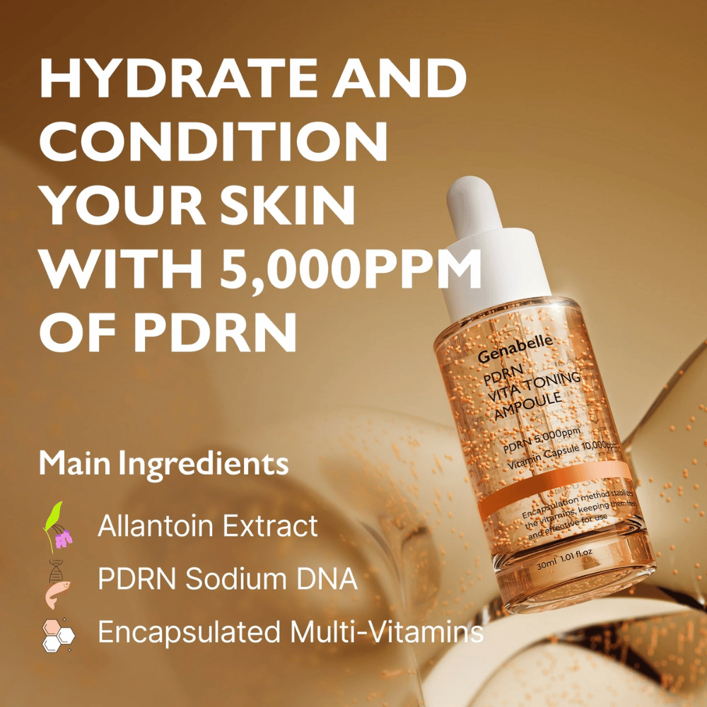 Promocijska slika za Genabelle PDRN Vita Toning Ampoule s poudarkom na vlaženju in PDRN 5000 ppm ter sestavinah, kot so vitaminske kapsule in Sodium DNA za sijaj in nego kože.