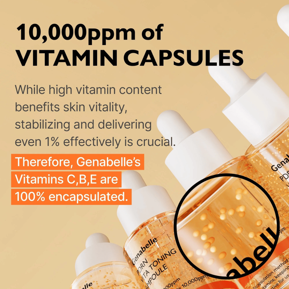 Genabelle PDRN Vita Toning Ampoule z inkapsuliranimi vitamini v serumu, ki poudarjajo formulo za sijočo kožo z vitamini C, B in E za sijaj in vitalnost kože.