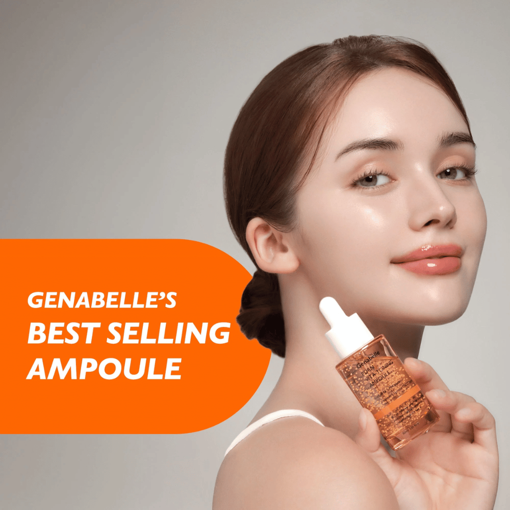Model drži Genabelle PDRN Vita Toning Ampoule ob obrazu s poudarkom na sijaju, žarečem videzu in navlaženi koži iz korejskega seruma z vitaminskimi kapsulami in PDRN.