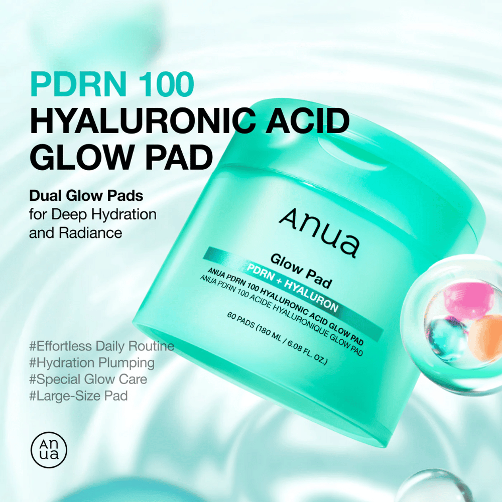 Anua PDRN 100 Hyaluronic Acid Glow Pad v turkiznem lončku z besedilom, ki poudarja vlago, sijaj in veliko velikost blazinic – zasnovan za vsakodnevno vlaženje in sijaj.