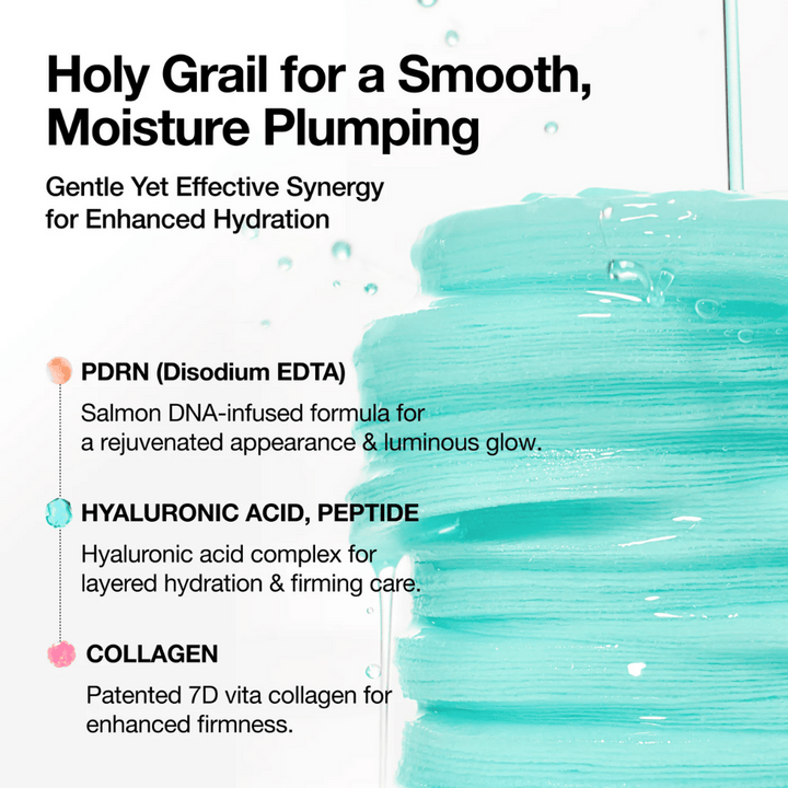 Modre tonirne blazinice prepojene z vlažilno esenco z besedilom o sestavinah: PDRN (lososova DNK), hialuronska kislina, peptidi in kolagen – zasnovane za vlaženje, sijaj in bolj čvrsto kožo.