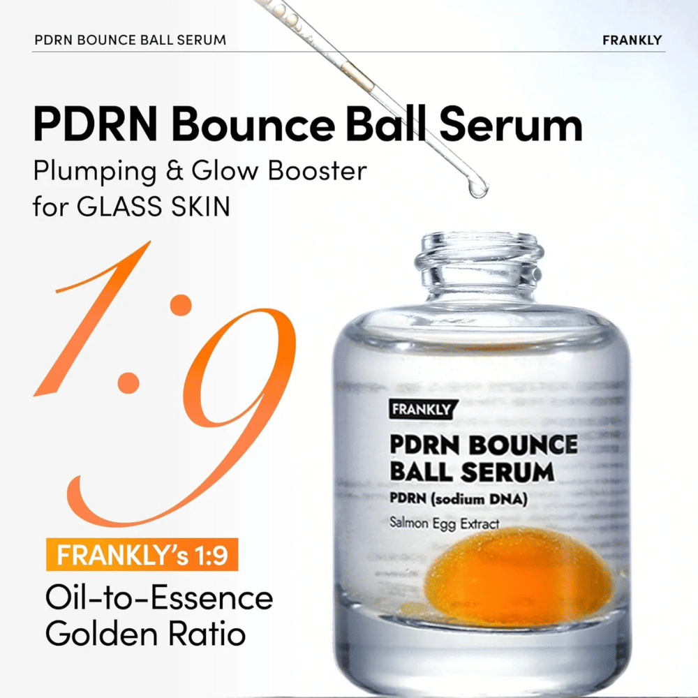 FRANKLY PDRN Bounce Ball Serum – vlažilni in učvrstitveni serum z edinstvenim razmerjem olja in esence 1:9 za učinek steklene kože.