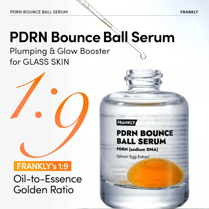 FRANKLY PDRN Bounce Ball Serum – vlažilni in učvrstitveni serum z edinstvenim razmerjem olja in esence 1:9 za učinek steklene kože.