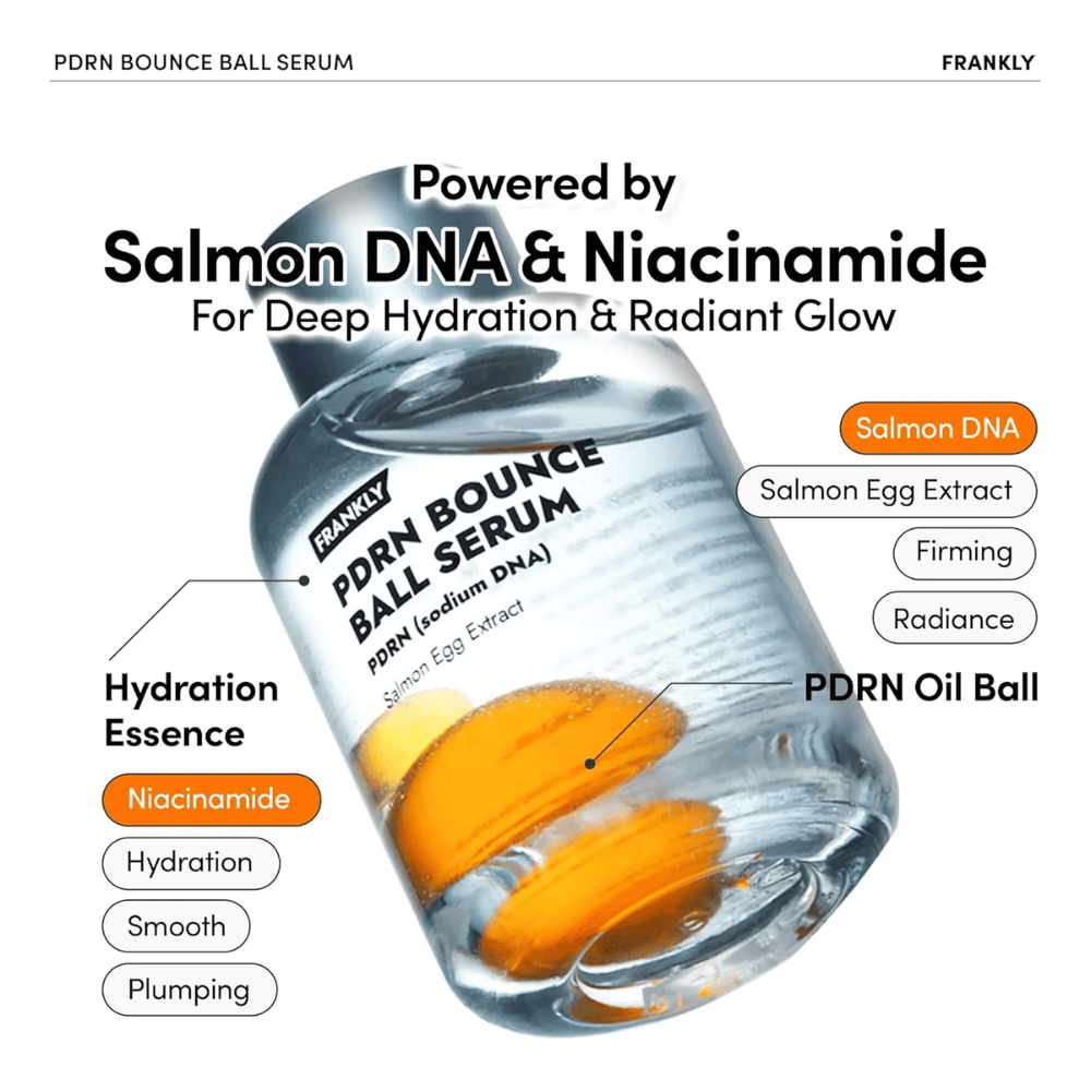 FRANKLY PDRN Bounce Ball Serum z lososovo DNK in niacinamidom – poglobljeno vlaženje, čvrstost in sijaj.