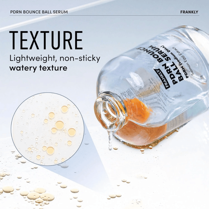 FRANKLY PDRN Bounce Ball Serum – lahka, nelepljiva formula z vodeno teksturo, ki vlaži in daje koži svež sijaj.