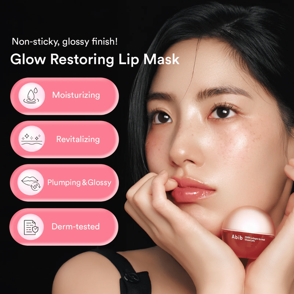 Ženska z bleščečimi ustnicami drži roza posodo Abib PDRN Collagen Lip Mask. Besedilo na levi navaja prednosti: vlažilna, revitalizirajoča, polnejša in bleščeča ter dermatološko testirana.