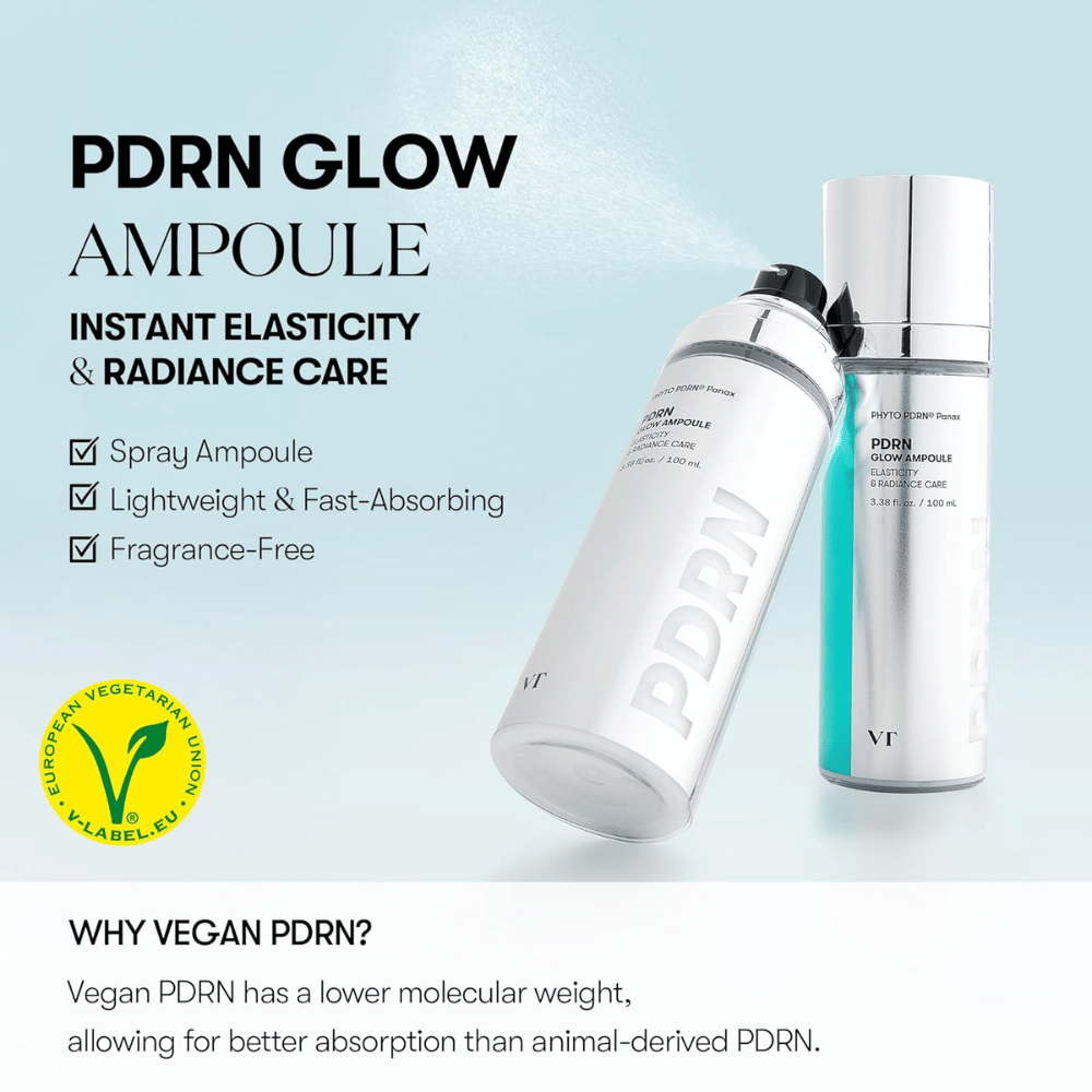 Slika dveh stekleničk VT PDRN Glow Ampoule, razpršilna steklenička in steklenička s pumpico, z informacijami, da izdelek zagotavlja takojšnjo elastičnost in sijaj. Besedilo omenja, da je izdelek lahek, hitro vpojen in brez vonja, ter da vsebuje veganski PDRN za boljšo absorpcijo. Vidna je tudi oznaka V-label za vegetarijansko vsebino.