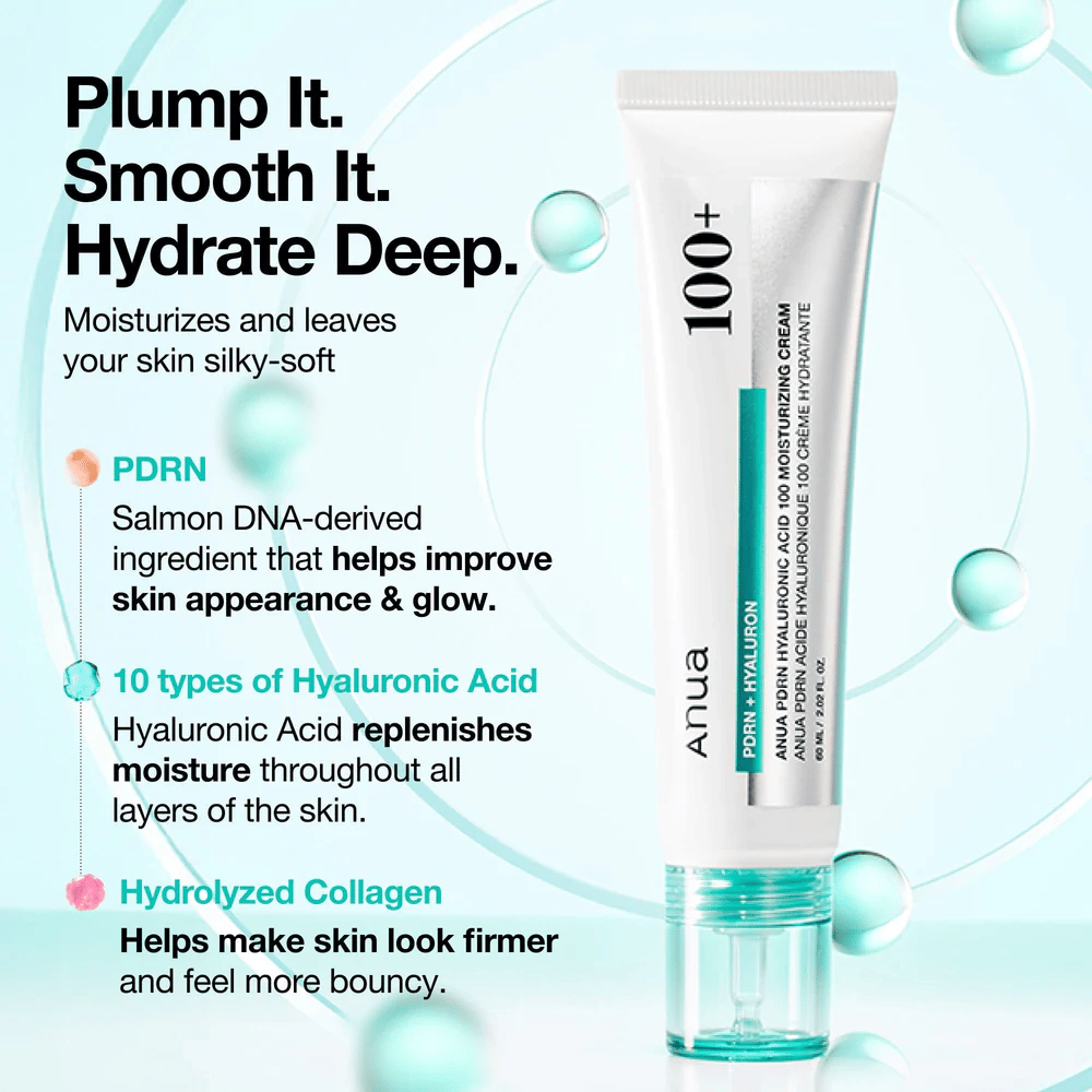 Anua PDRN Hyaluronic Acid 100 Moisturizing Cream s hialuronsko kislino, PDRN in kolagenom – vlaži, izravnava in krepi kožo.