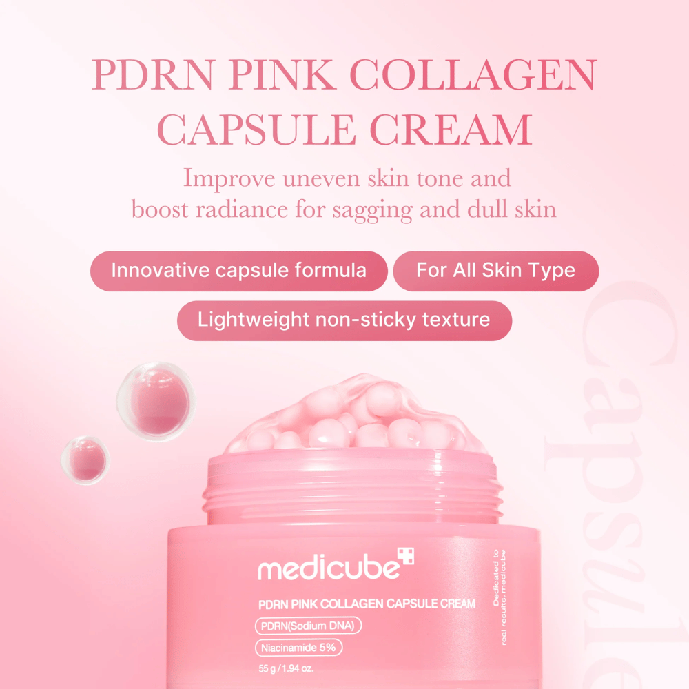 Roza posoda z Medicube PDRN Pink Collagen Capsule Cream, obdana s kapsulam podobnimi mehurčki in besedilom, ki poudarja lastnosti kreme za neenakomeren ten kože, sijaj in vse tipe kože.