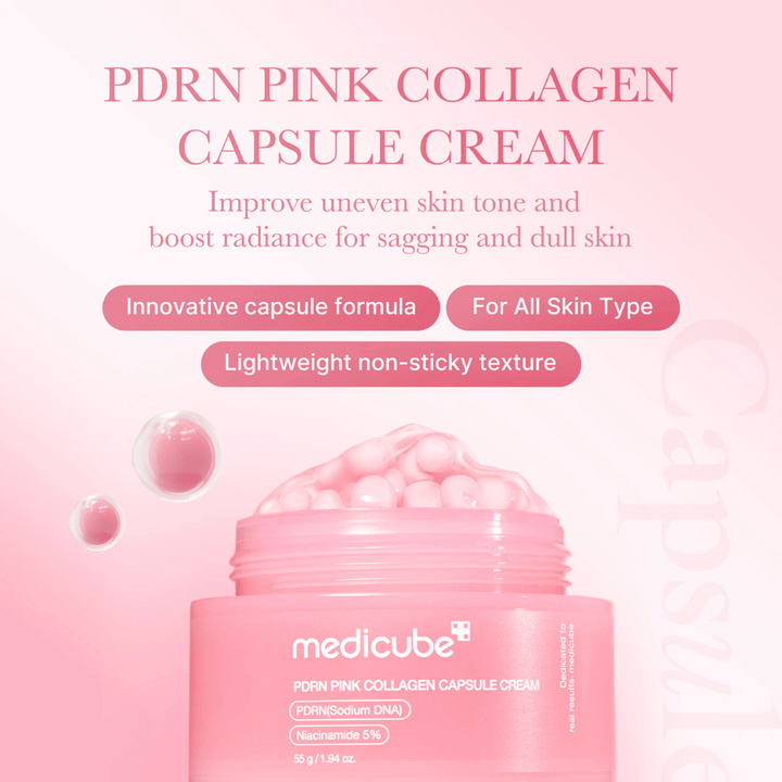 Roza posoda z Medicube PDRN Pink Collagen Capsule Cream, obdana s kapsulam podobnimi mehurčki in besedilom, ki poudarja lastnosti kreme za neenakomeren ten kože, sijaj in vse tipe kože.