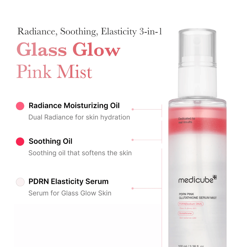 Slika izdelka Medicube PDRN Pink Glutathione Serum Mist s tremi plastmi: vlažilno olje, pomirjujoče olje in PDRN serum za sijaj, elastičnost in mehko kožo.